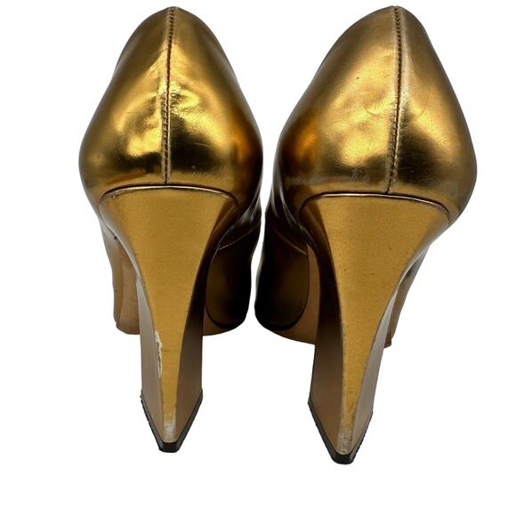 Yves Saint Laurent Metallic Gold Chunky Heel Peep Toe Pumps EUC 37 US 6.5 - Picture 12 of 16
